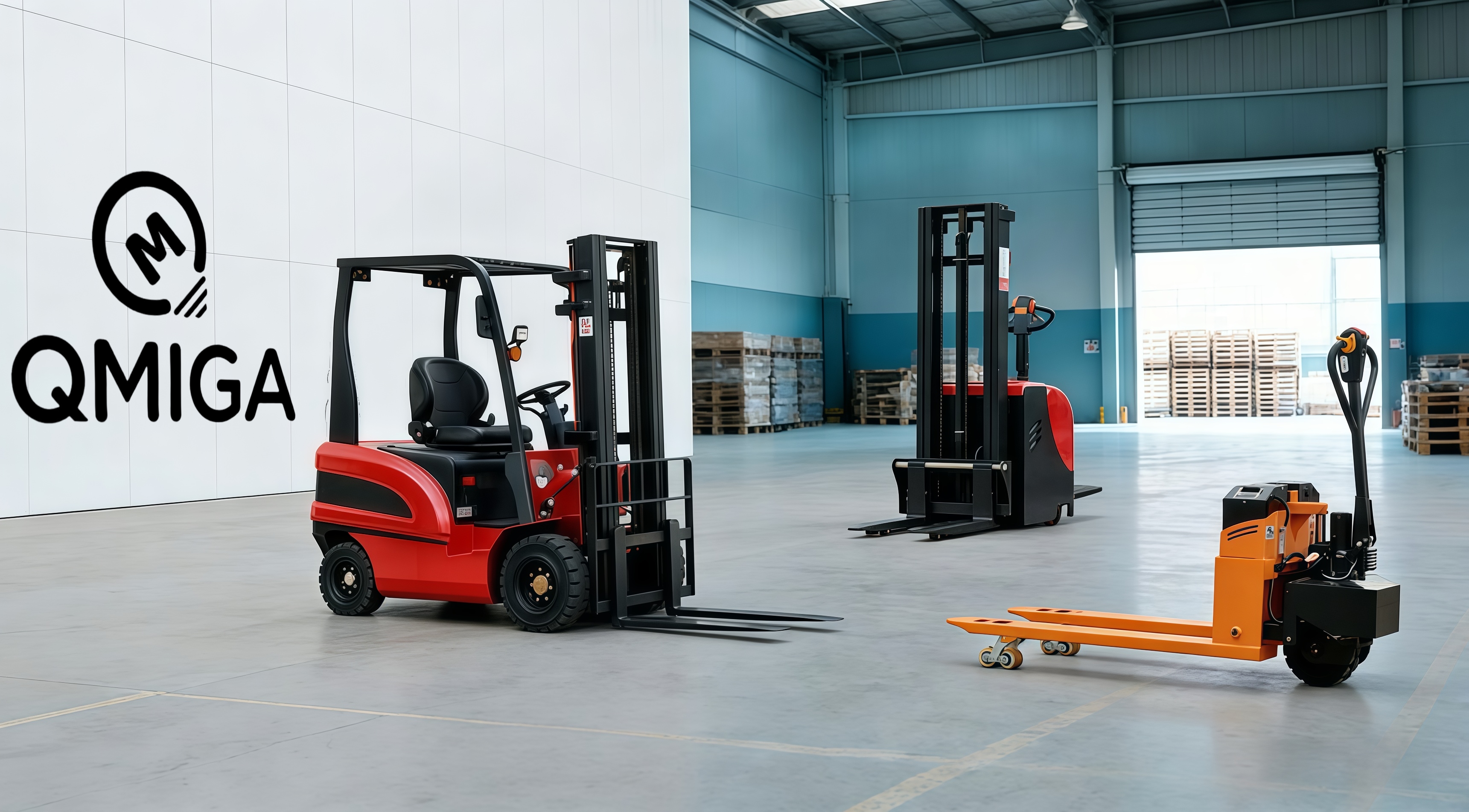 Electric forklift in warehouse operation with workers loading pallets, industrial setting with metal shelving units and concrete floor