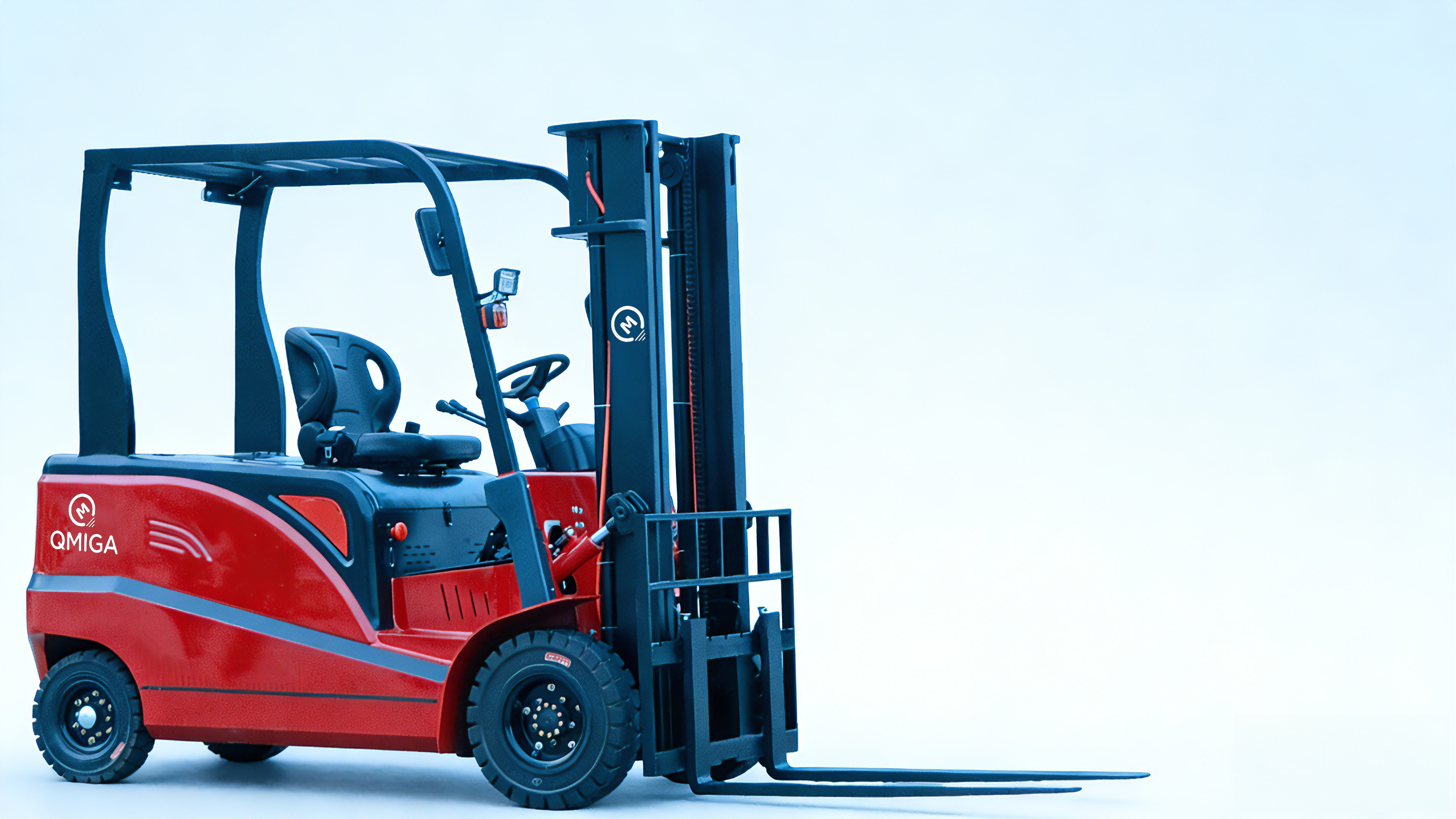 Modern electric forklift with sleek design lifting heavy pallet, operator cabin visible, industrial warehouse background