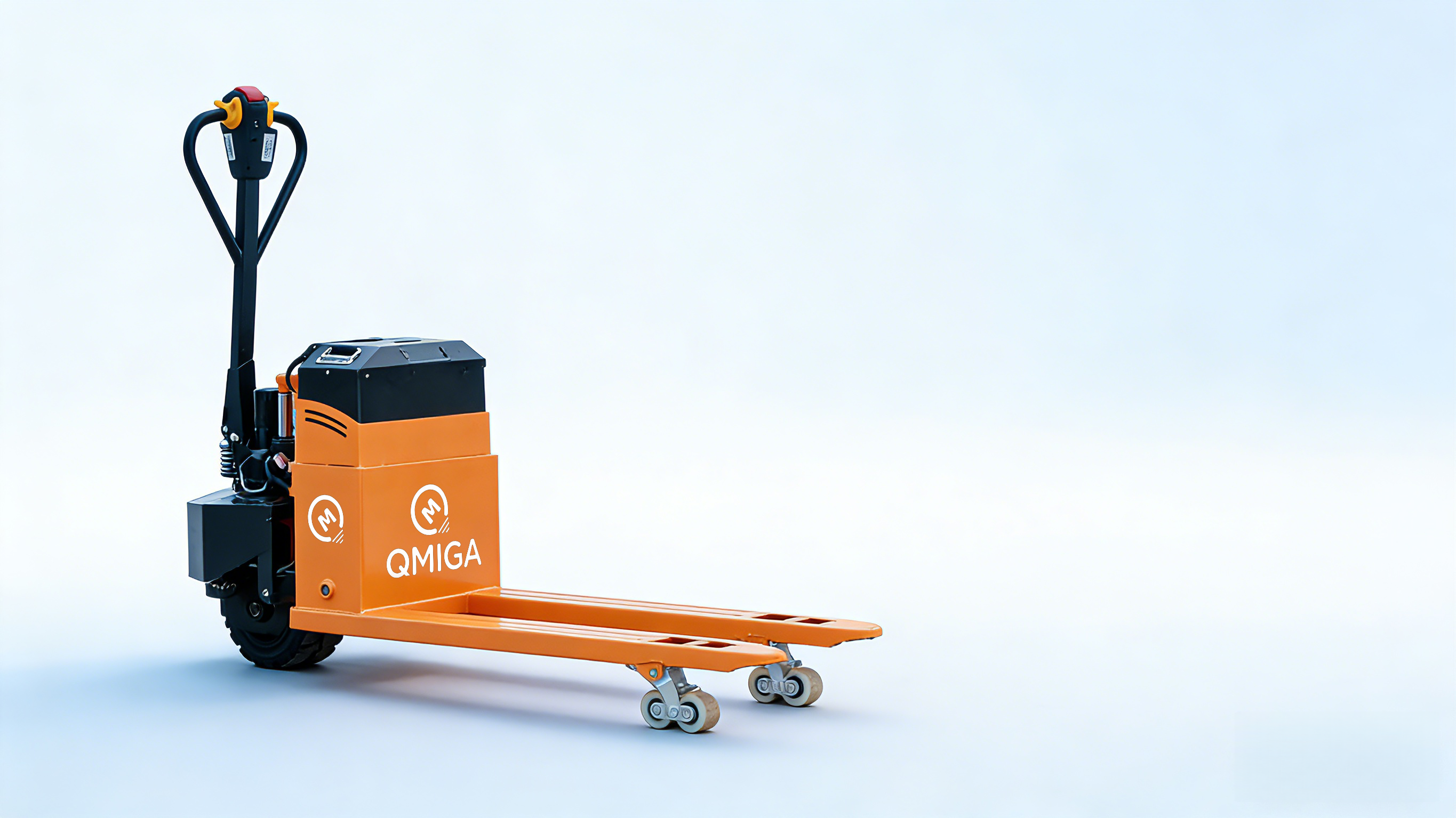 Compact electric pallet truck moving loaded pallet in warehouse aisle, ergonomic handle controls, LED indicator lights