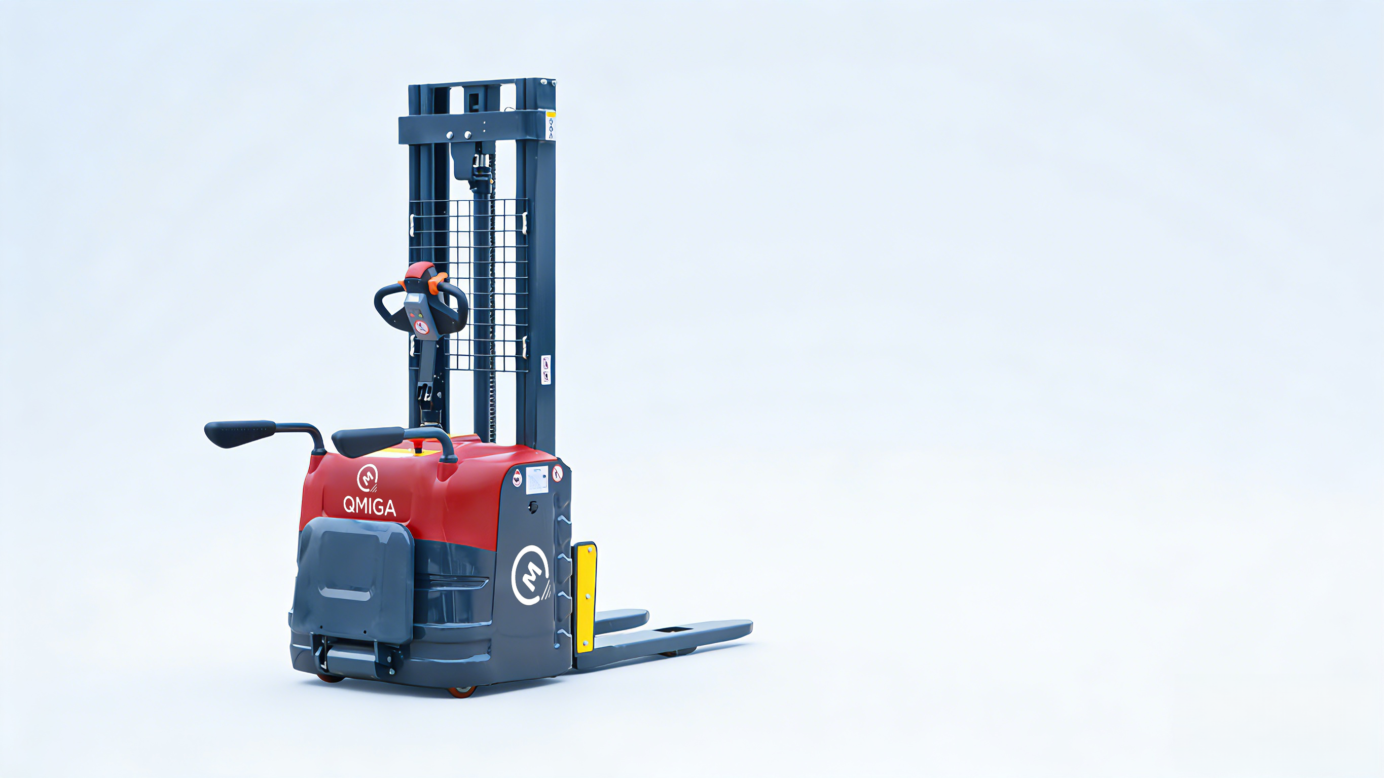 Electric stacker lifting pallet to elevated storage position, vertical mast extension visible, warehouse racking system background