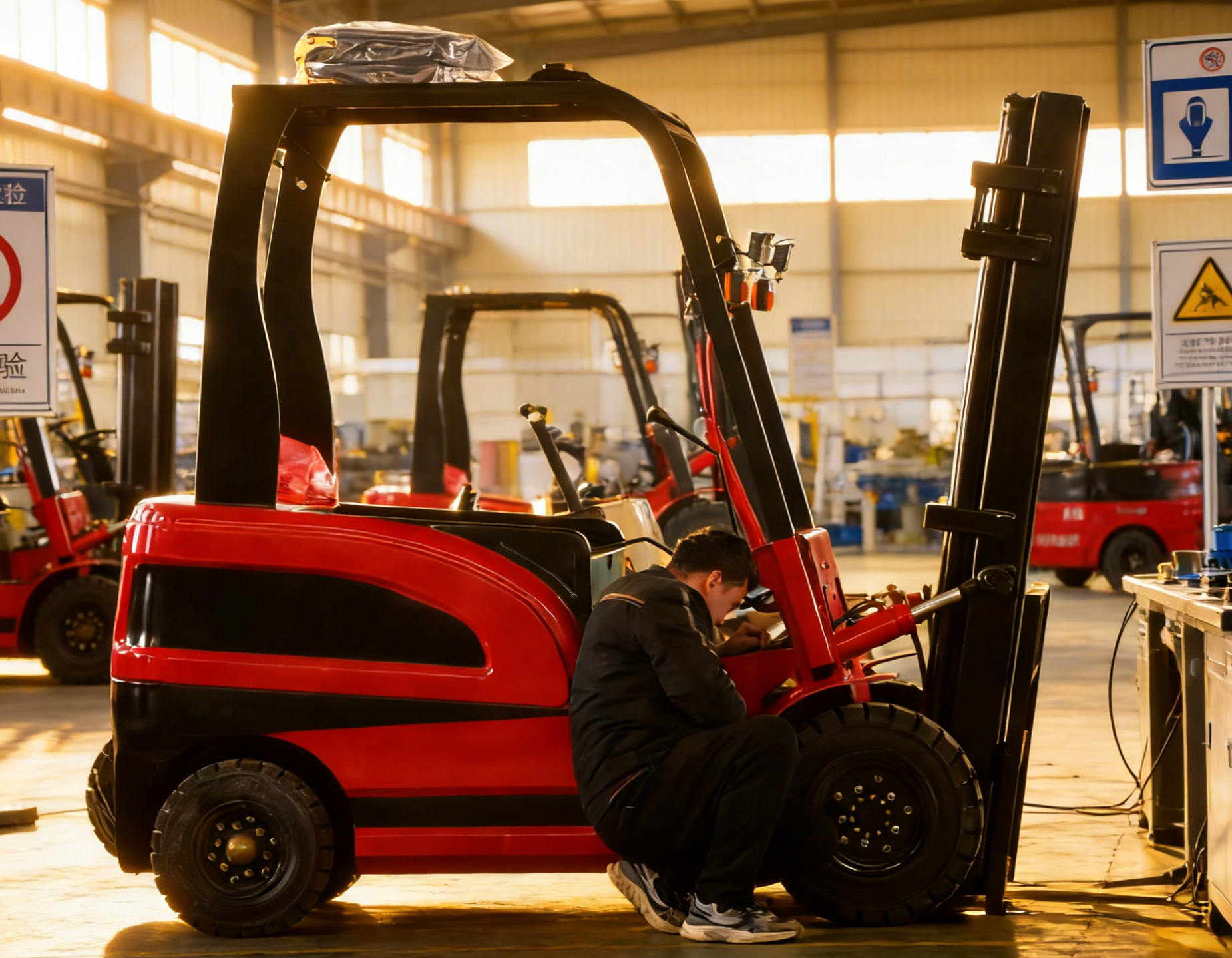 Quality control station with precision measuring instruments checking fork lift dimensions, white lab coat technician working