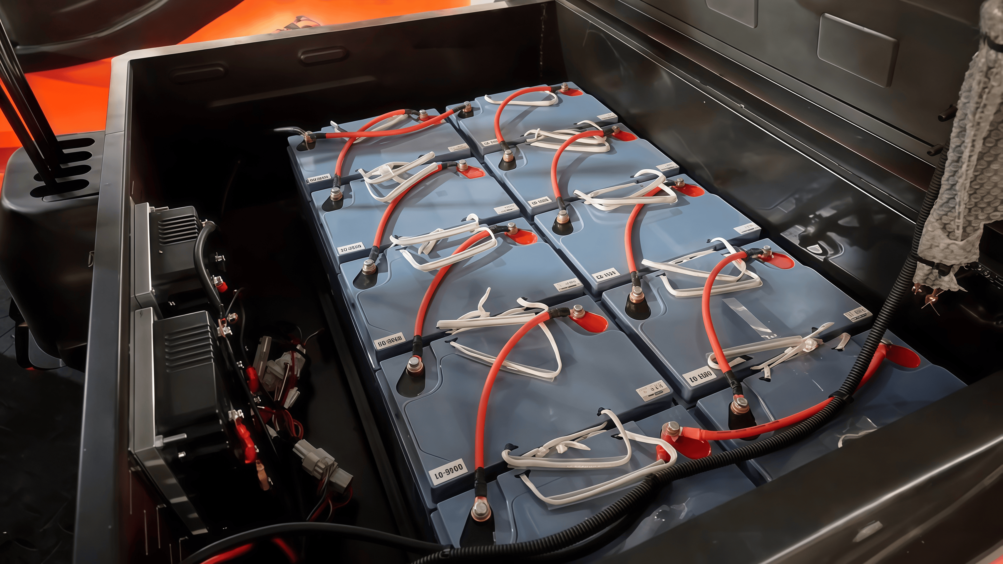 Assembly line workers installing electrical components into forklift chassis, modern factory setting with overhead cranes